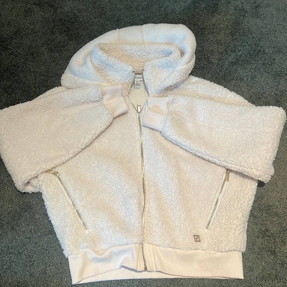 White fleece, hooded, Calvin Klein jacket size small